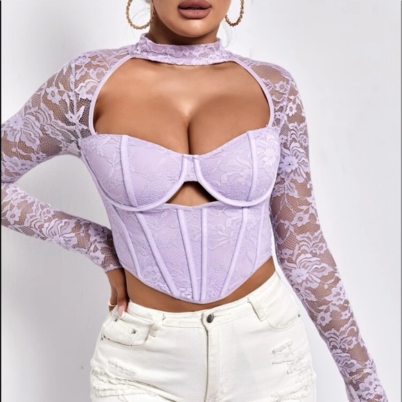 Y2K Lavender Lace Bustier Crop Top Choker Corset M